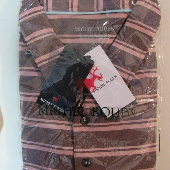 * Michel Rouen Performance Polo XL New NWT $35 Striped Wine Berry Red - Picture 4 of 4